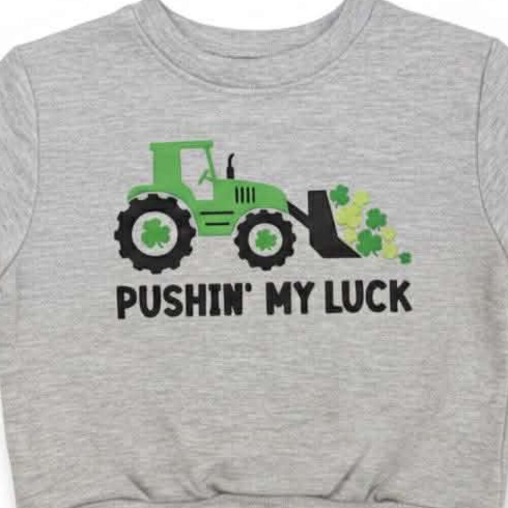Boys’ St. Patrick’s Day “Pushin’ My Luck” Tractor Design Sweatshirt - Picture 2 of 2